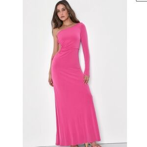 Lulus - Sweet Flirt Pink Long Sleeve One-Shoulder Cutout Maxi Dress - M